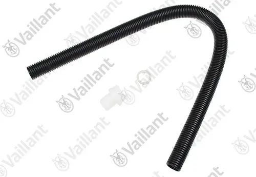 Schwarzes, flexibles Rohr mit spiraliger Struktur und einem weißen Anschlussstück, produziert von Vaillant, zur Verwendung in Heizungs- oder Ablaufsystemen.